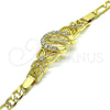 Oro Laminado Fancy Bracelet, Gold Filled Style San Judas and Figaro Design, with White Crystal, Polished, Golden Finish, 03.253.0076.07 (05 MM Thickness, 7 Inches Length)