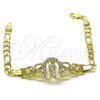 Oro Laminado Fancy Bracelet, Gold Filled Style San Judas and Figaro Design, with White Crystal, Polished, Golden Finish, 03.253.0076.07 (05 MM Thickness, 7 Inches Length)