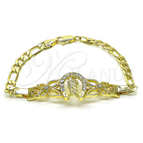 Oro Laminado Fancy Bracelet, Gold Filled Style San Judas and Figaro Design, with White Crystal, Polished, Golden Finish, 03.253.0076.07 (05 MM Thickness, 7 Inches Length)
