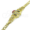 Oro Laminado Fancy Bracelet, Gold Filled Style San Judas and Figaro Design, with Garnet and White Crystal, Polished, Golden Finish, 03.253.0076.1.07 (05 MM Thickness, 7 Inches Length)