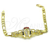 Oro Laminado Fancy Bracelet, Gold Filled Style San Judas and Figaro Design, with Garnet and White Crystal, Polished, Golden Finish, 03.253.0076.1.07 (05 MM Thickness, 7 Inches Length)