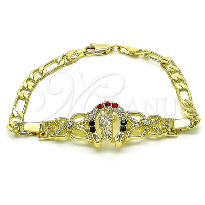 Oro Laminado Fancy Bracelet, Gold Filled Style San Judas and Figaro Design, with Garnet and White Crystal for wholesale, main product view