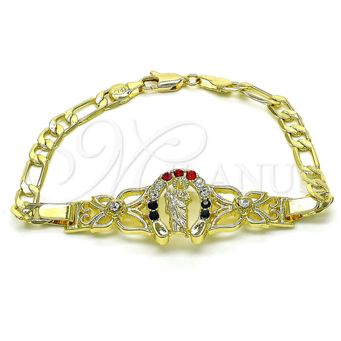 Oro Laminado Fancy Bracelet, Gold Filled Style San Judas and Figaro Design, with Garnet and White Crystal, Polished, Golden Finish, 03.253.0076.1.07 (05 MM Thickness, 7 Inches Length)