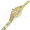 Oro Laminado Fancy Bracelet, Gold Filled Style San Judas and Figaro Design, with White Crystal, Polished, Golden Finish, 03.253.0077.07 (06 MM Thickness, 7 Inches Length)