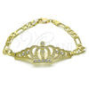 Oro Laminado Fancy Bracelet, Gold Filled Style San Judas and Figaro Design, with White Crystal, Polished, Golden Finish, 03.253.0077.07 (06 MM Thickness, 7 Inches Length)