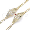 Oro Laminado Fancy Bracelet, Gold Filled Style San Judas and Figaro Design, with White Crystal, Polished, Golden Finish, 03.253.0077.07 (06 MM Thickness, 7 Inches Length)