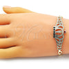 Oro Laminado Fancy Bracelet, Gold Filled Style San Judas and Figaro Design, with Garnet and Green Crystal, Polished, Golden Finish, 03.253.0077.1.07 (06 MM Thickness, 7 Inches Length)
