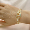 Oro Laminado Fancy Bracelet, Gold Filled Style San Judas and Figaro Design, with Garnet and Green Crystal, Polished, Golden Finish, 03.253.0077.1.07 (06 MM Thickness, 7 Inches Length)