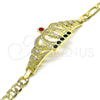 Oro Laminado Fancy Bracelet, Gold Filled Style San Judas and Figaro Design, with Garnet and Green Crystal, Polished, Golden Finish, 03.253.0077.1.07 (06 MM Thickness, 7 Inches Length)
