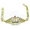 Oro Laminado Fancy Bracelet, Gold Filled Style San Judas and Figaro Design, with Garnet and Green Crystal, Polished, Golden Finish, 03.253.0077.1.07 (06 MM Thickness, 7 Inches Length)