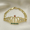 Oro Laminado Fancy Bracelet, Gold Filled Style San Judas and Figaro Design, with Garnet and Green Crystal, Polished, Golden Finish, 03.253.0077.1.07 (06 MM Thickness, 7 Inches Length)