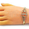 Oro Laminado Fancy Bracelet, Gold Filled Style San Judas and Figaro Design, with White Crystal, Polished, Golden Finish, 03.253.0079.07 (05 MM Thickness, 7 Inches Length)