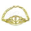 Oro Laminado Fancy Bracelet, Gold Filled Style San Judas and Figaro Design, with White Crystal, Polished, Golden Finish, 03.253.0079.07 (05 MM Thickness, 7 Inches Length)