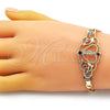 Oro Laminado Fancy Bracelet, Gold Filled Style San Judas and Figaro Design, with Garnet and White Crystal, Polished, Golden Finish, 03.253.0079.1.07 (05 MM Thickness, 7 Inches Length)