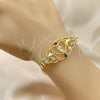 Oro Laminado Fancy Bracelet, Gold Filled Style San Judas and Figaro Design, with Garnet and White Crystal, Polished, Golden Finish, 03.253.0079.1.07 (05 MM Thickness, 7 Inches Length)