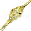 Oro Laminado Fancy Bracelet, Gold Filled Style San Judas and Figaro Design, with Garnet and White Crystal, Polished, Golden Finish, 03.253.0079.1.07 (05 MM Thickness, 7 Inches Length)