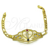 Oro Laminado Fancy Bracelet, Gold Filled Style San Judas and Figaro Design, with Garnet and White Crystal, Polished, Golden Finish, 03.253.0079.1.07 (05 MM Thickness, 7 Inches Length)