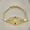 Oro Laminado Fancy Bracelet, Gold Filled Style San Judas and Figaro Design, with Garnet and White Crystal, Polished, Golden Finish, 03.253.0079.1.07 (05 MM Thickness, 7 Inches Length)