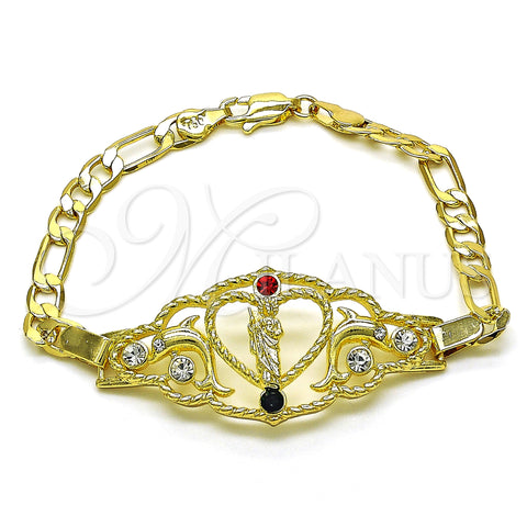 Oro Laminado Fancy Bracelet, Gold Filled Style San Judas and Figaro Design, with Garnet and White Crystal, Polished, Golden Finish, 03.253.0079.1.07 (05 MM Thickness, 7 Inches Length)
