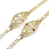 Oro Laminado Fancy Bracelet, Gold Filled Style San Judas and Figaro Design, with Garnet and White Crystal, Polished, Golden Finish, 03.253.0079.1.07 (05 MM Thickness, 7 Inches Length)