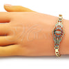 Oro Laminado Fancy Bracelet, Gold Filled Style San Judas and Figaro Design, with Garnet and White Crystal, Polished, Golden Finish, 03.253.0075.1.07 (05 MM Thickness, 7 Inches Length)