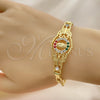 Oro Laminado Fancy Bracelet, Gold Filled Style San Judas and Figaro Design, with Garnet and White Crystal, Polished, Golden Finish, 03.253.0075.1.07 (05 MM Thickness, 7 Inches Length)
