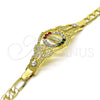 Oro Laminado Fancy Bracelet, Gold Filled Style San Judas and Figaro Design, with Garnet and White Crystal, Polished, Golden Finish, 03.253.0075.1.07 (05 MM Thickness, 7 Inches Length)