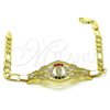 Oro Laminado Fancy Bracelet, Gold Filled Style San Judas and Figaro Design, with Garnet and White Crystal, Polished, Golden Finish, 03.253.0075.1.07 (05 MM Thickness, 7 Inches Length)