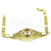 Oro Laminado Fancy Bracelet, Gold Filled Style San Judas and Figaro Design, with Garnet and White Crystal, Polished, Golden Finish, 03.253.0075.1.07 (05 MM Thickness, 7 Inches Length)