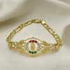 Oro Laminado Fancy Bracelet, Gold Filled Style San Judas and Figaro Design, with Garnet and White Crystal, Polished, Golden Finish, 03.253.0075.1.07 (05 MM Thickness, 7 Inches Length)