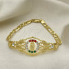 Oro Laminado Fancy Bracelet, Gold Filled Style San Judas and Figaro Design, with Garnet and White Crystal, Polished, Golden Finish, 03.253.0075.1.07 (05 MM Thickness, 7 Inches Length)
