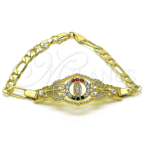 Oro Laminado Fancy Bracelet, Gold Filled Style San Judas and Figaro Design, with Garnet and White Crystal, Polished, Golden Finish, 03.253.0075.1.07 (05 MM Thickness, 7 Inches Length)