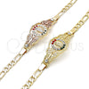 Oro Laminado Fancy Bracelet, Gold Filled Style San Judas and Figaro Design, with Garnet and White Crystal, Polished, Golden Finish, 03.253.0075.1.07 (05 MM Thickness, 7 Inches Length)