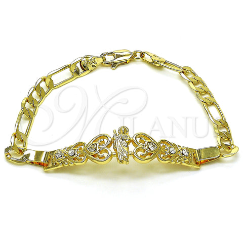Oro Laminado Fancy Bracelet, Gold Filled Style San Judas and Figaro Design, with White Crystal, Polished, Golden Finish, 03.253.0080.07 (06 MM Thickness, 7 Inches Length)