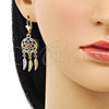 Oro Laminado Long Earring, Gold Filled Style Flower and Leaf Design, with Garnet and White Cubic Zirconia, Polished, Tricolor, 02.253.0041