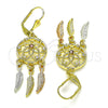 Oro Laminado Long Earring, Gold Filled Style Flower and Leaf Design, with Garnet and White Cubic Zirconia, Polished, Tricolor, 02.253.0041