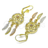 Oro Laminado Long Earring, Gold Filled Style Flower and Leaf Design, with Garnet and White Cubic Zirconia, Polished, Tricolor, 02.253.0041