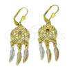 Oro Laminado Long Earring, Gold Filled Style Flower and Leaf Design, with Garnet and White Cubic Zirconia, Polished, Tricolor, 02.253.0041