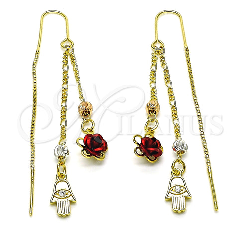 Oro Laminado Threader Earring, Gold Filled Style Hand of God and Flower Design, with White Cubic Zirconia, Polished, Tricolor, 02.253.0042
