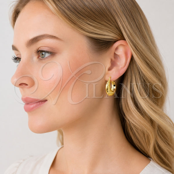 Gold Filled Hoop Earrings — Small Hoop Hollow Design Diamond Cutting 02. — alternate product view — SKU 151058 | Oro Laminado aretes de aro — Small Hoop Hollow diseño Diamond Cutting 02. — SKU 151058