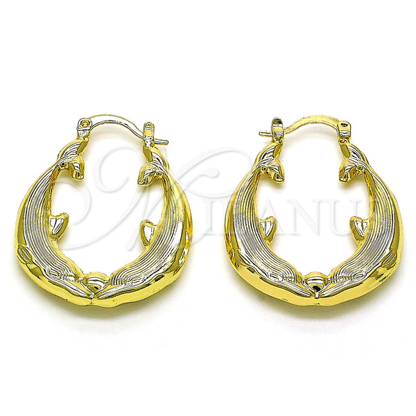 Gold Filled Hoop Earrings — Medium Hoop Dolphin and Hollow Design Diamond Cutting — main product view — SKU 151067 | Oro Laminado aretes de aro — Medium Hoop Dolphin and Hollow diseño Diamond Cutting — SKU 151067