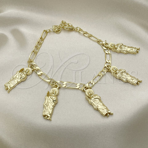 Oro Laminado Charm Bracelet, Gold Filled Style San Judas and Figaro Design, Polished, Golden Finish, 03.351.0161.07 (04 MM Thickness, 7 Inches Length)