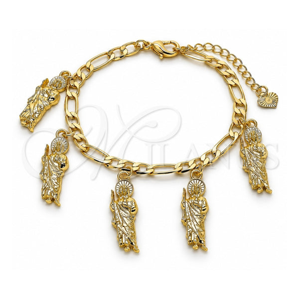 Oro Laminado Charm Bracelet, Gold Filled Style San Judas and Figaro Design, Polished, Golden Finish, 03.351.0161.07 (04 MM Thickness, 7 Inches Length)