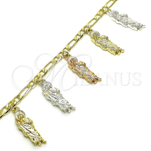 Oro Laminado Charm Bracelet, Gold Filled Style San Judas and Figaro Design, Polished, Tricolor, 03.351.0161.1.07 (04 MM Thickness, 7 Inches Length)
