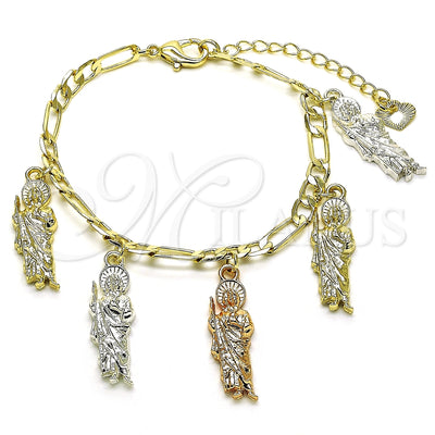 Oro Laminado Charm Bracelet, Gold Filled Style San Judas and Figaro Design, Polished, Tricolor for wholesale, main product view