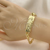 Oro Laminado Fancy Bracelet, Gold Filled Style San Judas and Pave Figaro Design, Polished, Golden Finish, 03.351.0162.08 (07 MM Thickness, 8 Inches Length)