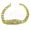 Oro Laminado Fancy Bracelet, Gold Filled Style San Judas and Pave Figaro Design, Polished, Golden Finish, 03.351.0162.08 (07 MM Thickness, 8 Inches Length)