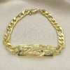 Oro Laminado Fancy Bracelet, Gold Filled Style San Judas and Pave Figaro Design, Polished, Golden Finish, 03.351.0162.08 (07 MM Thickness, 8 Inches Length)