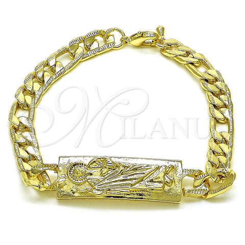 Oro Laminado Fancy Bracelet, Gold Filled Style San Judas and Pave Figaro Design, Polished, Golden Finish, 03.351.0162.08 (07 MM Thickness, 8 Inches Length)