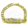 Oro Laminado Fancy Bracelet, Gold Filled Style San Judas and Pave Figaro Design, Polished, Golden Finish, 03.351.0162.08 (07 MM Thickness, 8 Inches Length)